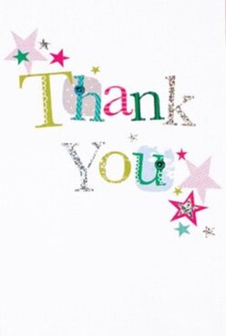 This thank you card brims with delight, its jubilant design like a celebration on the banks of the Thames in Creekmouth. 'Thank You' is embroidered across the pure white card, each letter stitched with playful abundance-shades of lime, vivid fuchsia, and ocean blue are woven together, each pattern unique. Some letters glint with a whisper of silver, reminiscent of sunlight reflecting off Creekmouth's waterways, while others decorate themselves in tiny polka dots and fine stitches. Whimsical stars in hues of magenta, teal, and glinting gold flutter across the card's corners, suggesting a sprinkle of festivity after a moment of local excitement. The printed design hints at tactile textures and touches of glitter, calling to mind the handcrafted bouquets from Creekmouth Flowers. Against the clean background, every feature stands luminous-there's a sense of openness and warmth that makes this card an ideal companion for a fresh bouquet, hand-delivered to homes along River Road. The composition embodies the thoughtful inventiveness of a neighbourhood florist, capturing genuine thanks in every detail for the community it serves.