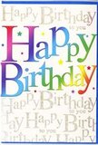 The birthday card depicted here glows with festive charm, like a glimpse into a Creekmouth party just as the first guests arrive. Spanning the front is the bold phrase Happy Birthday, written in large, rounded letters that feel friendly and inviting, as if painted with a broad, confident brush. Each letter moves through a vibrant gradient of colour, creating a smooth rainbow that begins with rich berry tones, glides into bright oranges and warm yellows, then cools into fresh greens, aquas, and deep blues, finally softening into gentle purples. The ink has a silky, semi-gloss finish that reflects the light in subtle highlights, suggesting the quality of a thoughtfully chosen card. Behind the main text, the background is filled from edge to edge with the repeated phrase Happy Birthday to you, rendered in a delicate, looping gold script. The metallic lettering appears to shimmer quietly, reminiscent of light catching the river near Creekmouth on a clear day, adding an elegant undercurrent to the overall design. Tiny specks, dots, and miniature stars in bright coordinating colours are sprinkled throughout, giving the impression of confetti floating down from an invisible celebration above. Although the design is rich with detail, it maintains a clear focal point, with the vivid Happy Birthday standing proudly in front of the softer script and scattered sparkles. It's the sort of card you might collect from Creekmouth Flowers along with a colourful bouquet, knowing that its blend of fun, colour, and refined gold accents will make any birthday recipient feel instantly uplifted and genuinely cherished.