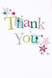 There's a serene happiness in this thank you card, as if designed to lift moods along Creekmouth's riverside streets. The words 'Thank You' stretch across the face in playful typography, each letter a kaleidoscope of joyful colour-shimmering silver, gentle yellow, lively green, and cheerful blue. Polka dots and slender stitched accents bring a handmade touch reminiscent of artisanal offerings from Creekmouth's own florists. Scattered stars in shades of pink, teal, and silver float around the message, infusing the composition with a spirit of low-key celebration, as if echoing the buzz of Creekmouth's riverside markets. The white background glows with unhurried ease, setting off the painted display of gratitude. As the arrangement of letters and stars skips lightly, it brings to mind the feeling of receiving both flowers and a note of thanks-heartfelt, fresh, and perfectly attuned to the rhythm of Creekmouth life. This card is more than just a message; it's a sensory spark of appreciation, ready to accompany any bouquet on its journey across the local area.