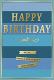 A refined birthday card in cool blue tones with golden highlights stands ready to be paired with a fresh bouquet in Creekmouth. Its face is divided into generous horizontal stripes of blue, which step gradually from a deep, almost midnight navy at the top down through denim and teal, finally reaching lighter ocean and sky blues near the base. This layered effect creates an ombre-style progression that feels like watching the river and sky merge on a clear day, giving the card depth and a sense of calm. Across the middle, the words HAPPY BIRTHDAY are prominently displayed in embossed gold capitals. The lettering is bold yet graceful, with each letter slightly raised from the surface so it would feel distinct beneath the fingertips, while the metallic finish adds a gentle, non-glare shimmer. Just below this central greeting, a decorative golden flourish spreads horizontally, its graceful curves separating the main message from the more relaxed sentiment beneath. Three slim gold banners are stacked in a vertical column under the flourish, each one containing part of the simple, friendly instruction: Relax, have a great day and enjoy! These banners echo the wider blue stripes behind them, reinforcing the visual rhythm and structure of the card. A fine golden border encircles the design, drawing a neat line around the edges and making the card look carefully composed and ready to display. The blue sections appear soft and matte, almost velvety, while the gold elements carry a slightly glossy emboss that catches the light and invites touch. The overall feeling is one of gentle, composed joy-a thoughtful birthday greeting that would sit beautifully alongside flowers delivered locally across Creekmouth, offering both visual calm and warm wishes.