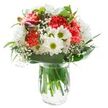 Bright and inviting, this bouquet, arranged in a simple glass vase, brings the spirit of Creekmouth's lively community and green spaces indoors. Fluffy coral carnations burst forth as the vibrant centrepiece, their multitude of soft, ruffled petals complemented perfectly by sparkling white daisies and full chrysanthemums with their distinct yellow-green hearts. Interlaced sprays of baby's breath create an ethereal haze between larger blooms, softening the overall composition and adding an element of lightness reminiscent of morning mist along the River Roding. Closed magenta alstroemerias whisper of blooms to come, while broad and slender green leaves frame the arrangement naturally-much like the foliage lining Barking Creek's footpaths. The glass vase allows every sturdy stem to show through crystal-clear water, a testament to the bouquet's just-picked freshness. Bathed in bright, natural light against a pure white background, every detail-texture, colour, and form-can be fully appreciated. This arrangement is a cheerful, heartfelt gift for birthdays, farewells, or simply to share a little of Creekmouth's riverbank tranquility and care in any home.